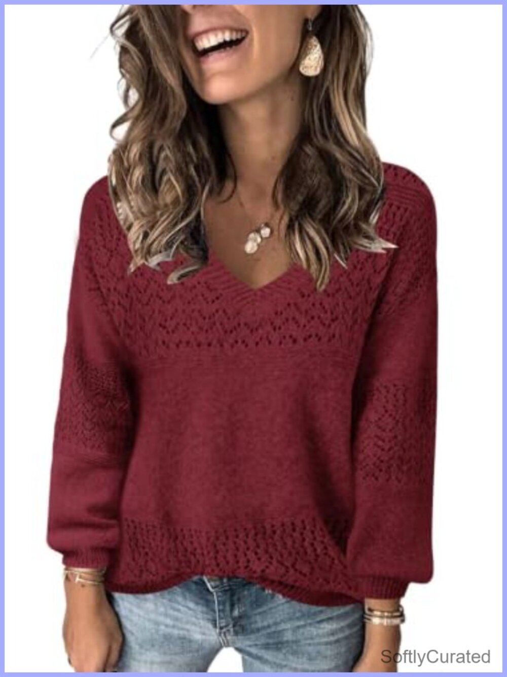 Womens V Neck Pullover Sweater Long Sleeve Lightweight Crochet Knit Top
